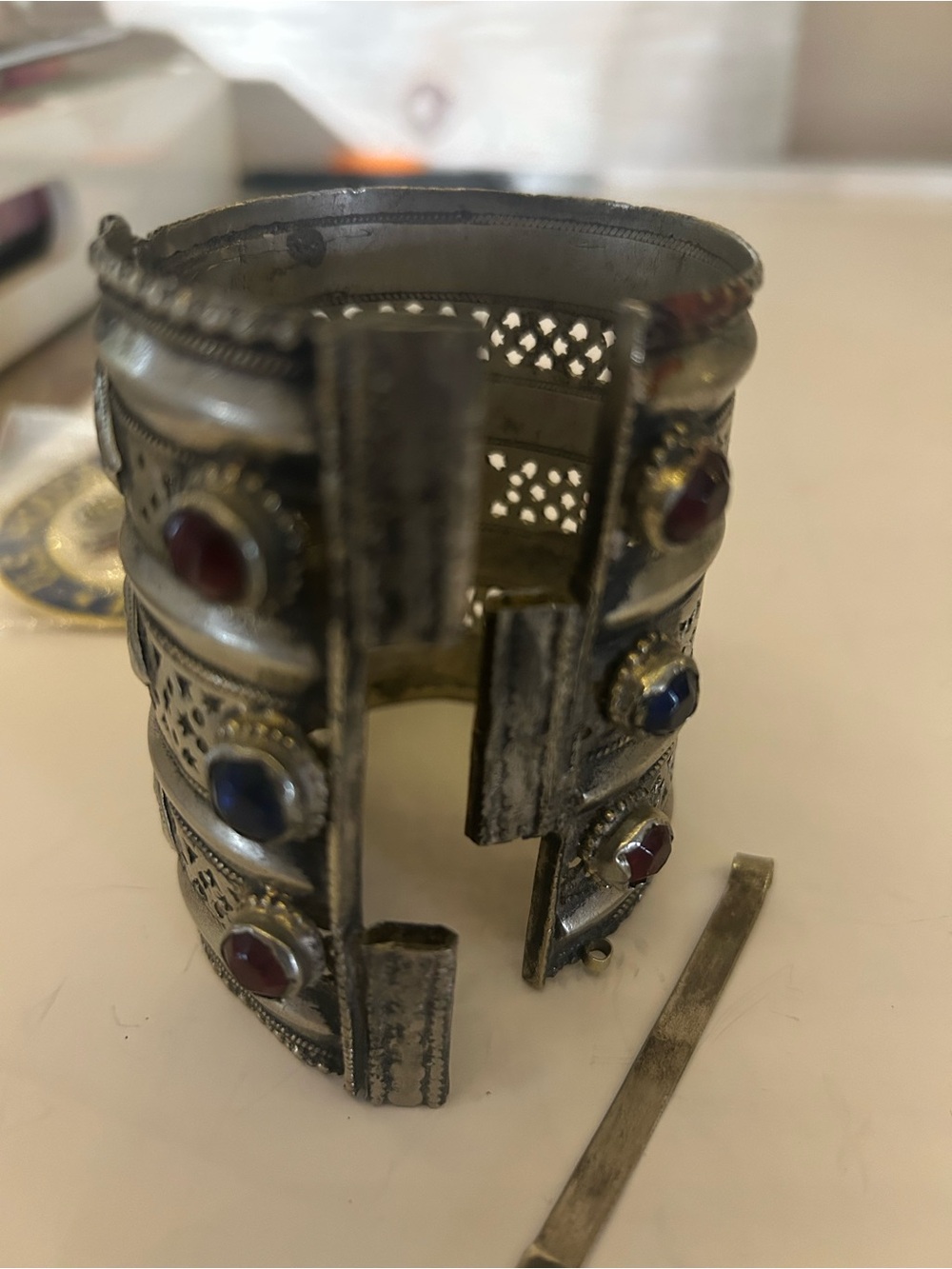 Vintage Indian Wear Silver-Tone Cuff Bracelet with Red and Blue Stones - Picture 3 of 10